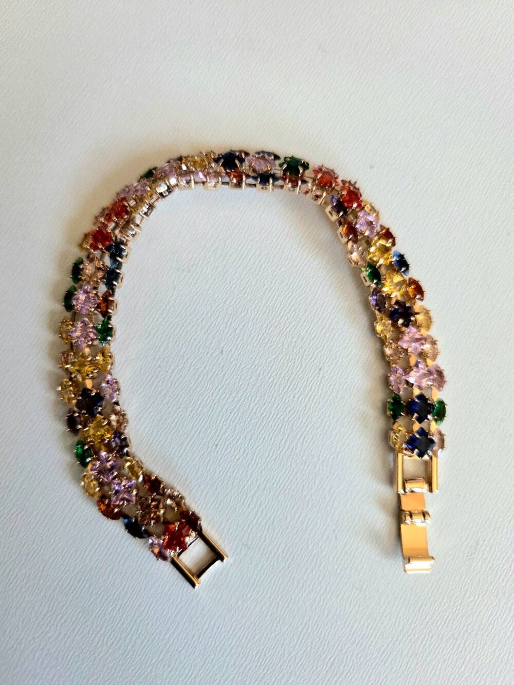 Gold tone tennis link bracelet with multicolored gems rhinestones crystals - Picture 3 of 6